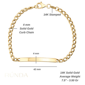 Presenting the 14K Solid Gold Nameplate ID Bracelet, an elegant customizable piece featuring a plain rectangular bar crafted from solid gold. The bracelet is secured with a lobster clasp and showcases a classic Cuban curb chain design with alternating small and larger interlocking links for a timeless style.