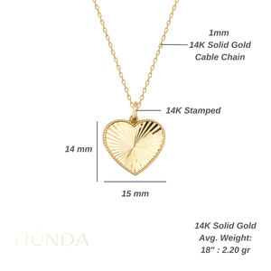 Introducing the 14K Solid Gold Vintage Sunburst Striped Pendant Necklace, featuring a stunning heart-shaped charm. The textured design of this handmade pendant is elegantly attached to a fine gold chain, all beautifully displayed against a plain white background.