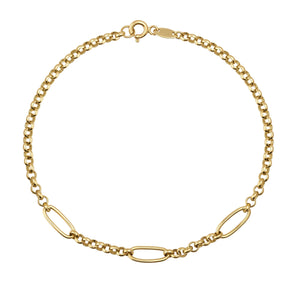 Introducing the 14K Real Solid Gold Paperclip Rolo Chain Bracelet, showcasing a sophisticated blend of small interlocking chains and larger oval links. The bracelet is secured with a lobster clasp closure, offering a chic and elegant design reminiscent of Italian paperclips for a modern and fashionable appearance.