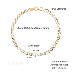 A dainty 14K Real Gold Heart Shaped Link Chain Bracelet showcases interlocking hearts in alternating gold and silver tones, secured with a gold clasp. This elegant design is ideal for those who appreciate delicate jewelry.