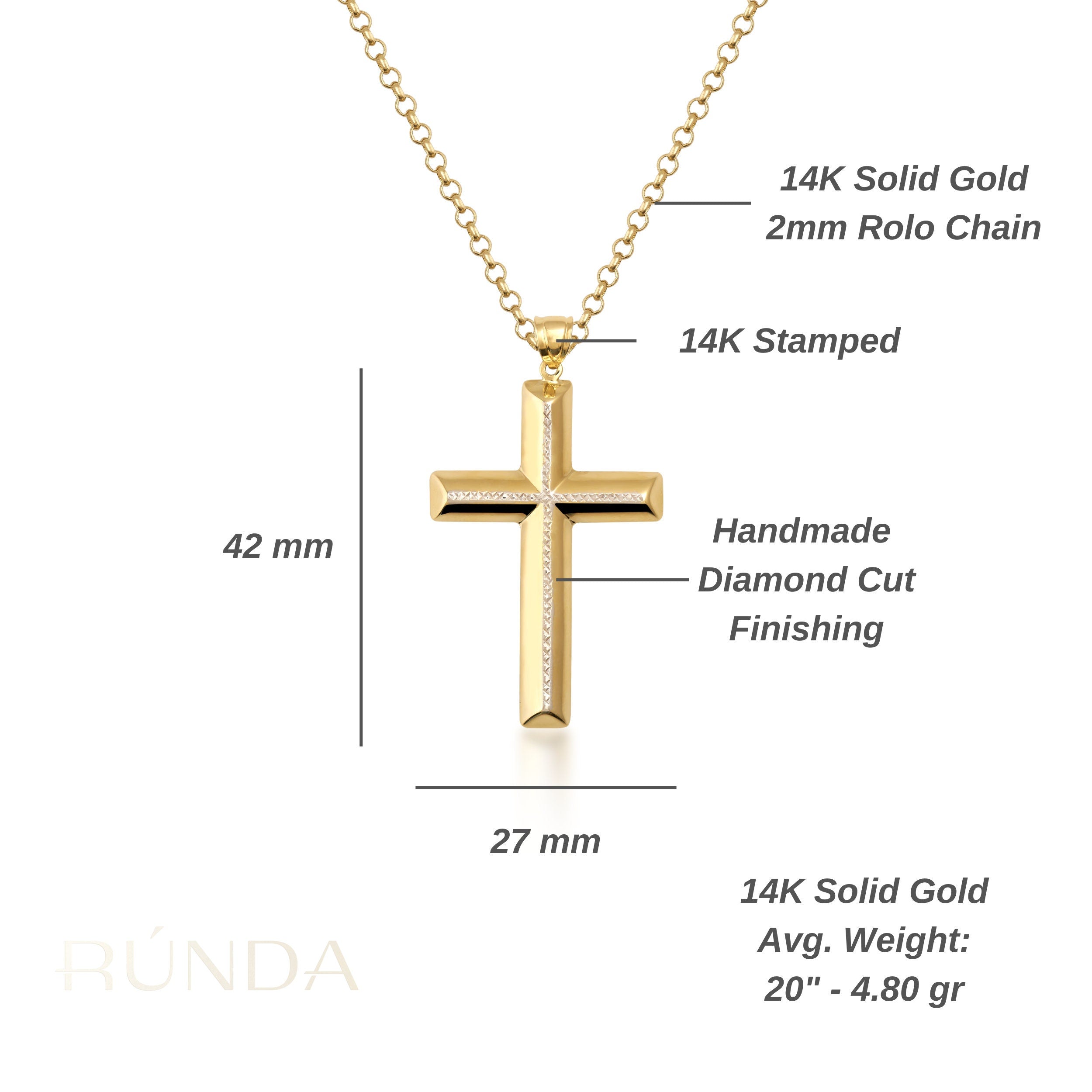 14K Solid Gold Cross Necklace for Men Diamond Cut Handmade