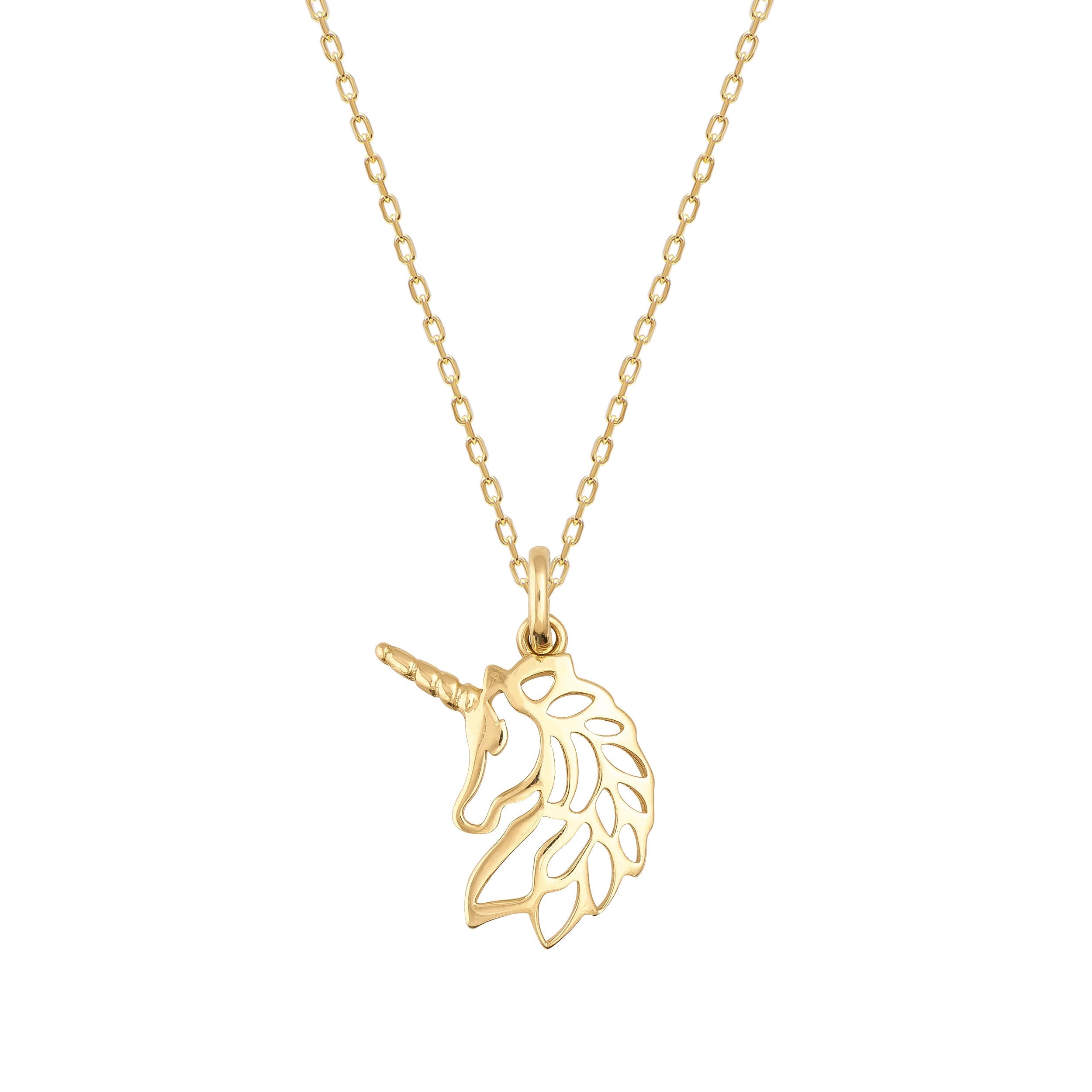 The 14K Solid Real Gold Unicorn Charm Pendant Necklace is a whimsical jewelry piece that features a delicate chain and a pendant intricately shaped like the silhouette of a unicorn's head, complete with an exquisite mane and horn.