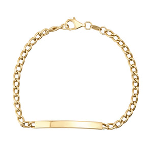 Presenting the 14K Solid Gold Nameplate ID Bracelet, an elegant customizable piece featuring a plain rectangular bar crafted from solid gold. The bracelet is secured with a lobster clasp and showcases a classic Cuban curb chain design with alternating small and larger interlocking links for a timeless style.