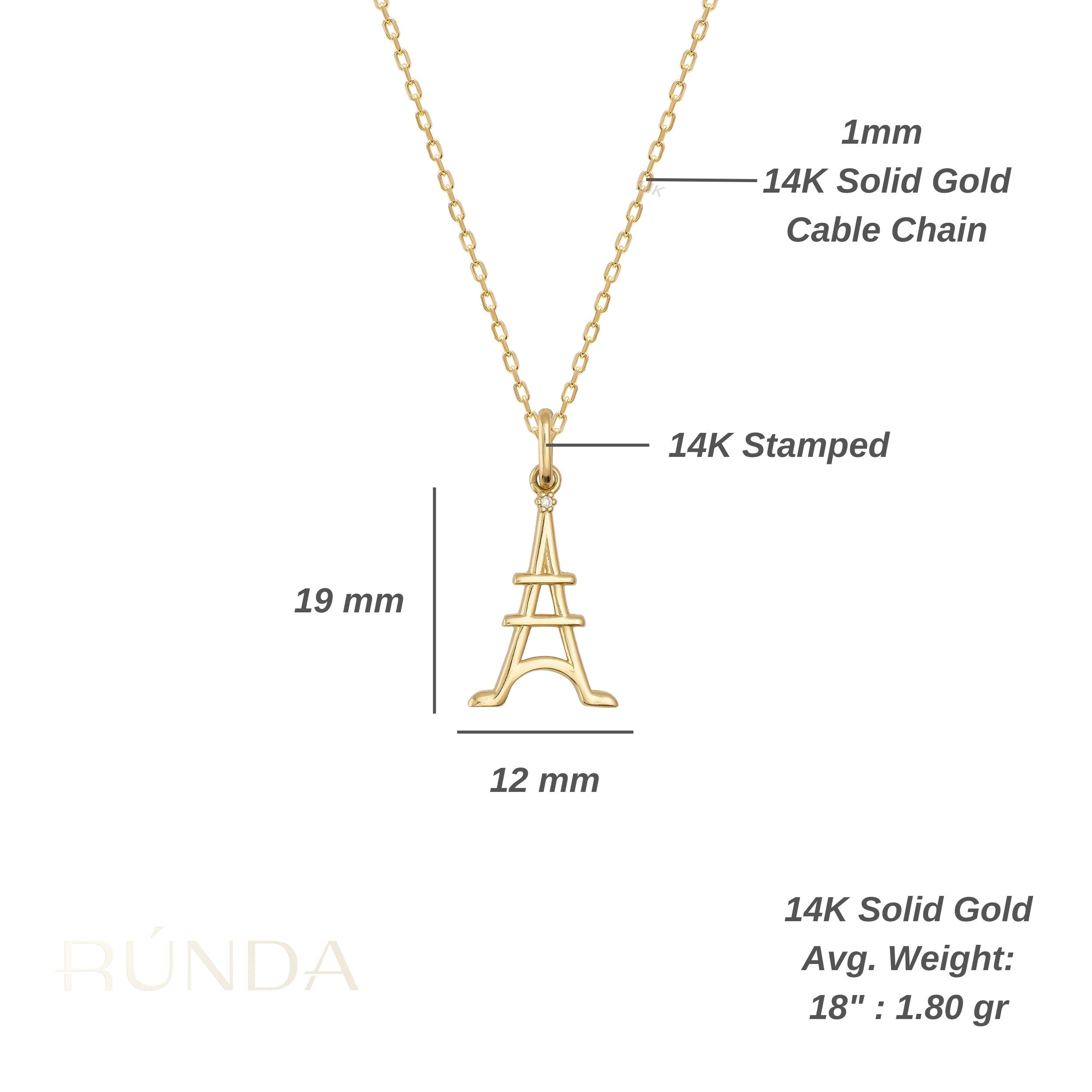 Collar con colgante minimalista de la Torre Eiffel en oro macizo de 14 quilates