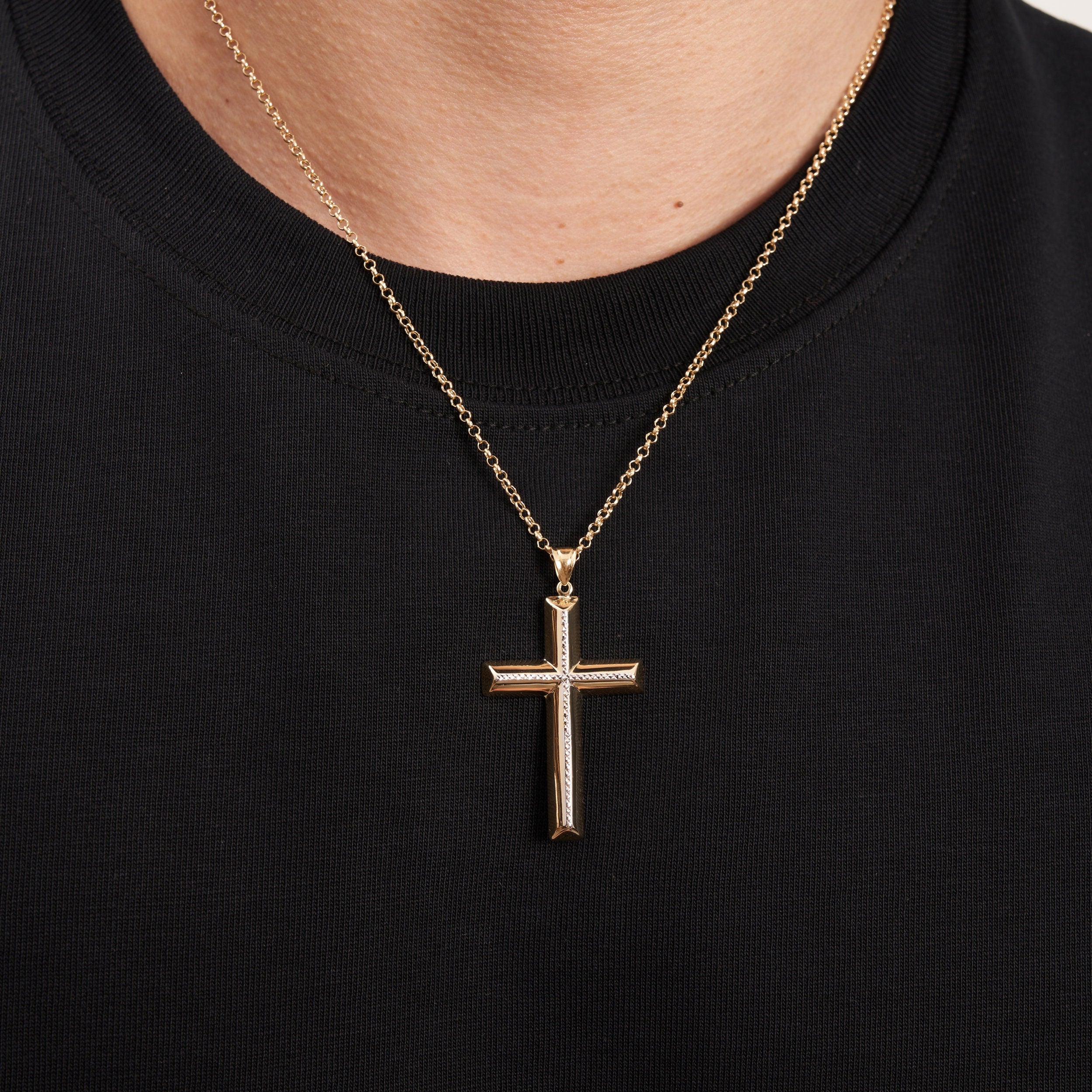 14K Solid Gold Cross Necklace for Men Diamond Cut Handmade