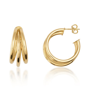 A pair of 14K Solid Real Gold Triple Ropes Hoop Earrings is showcased, with one earring standing upright while the other rests flat. This composition highlights its round shape and intricate clasp detail against a pristine white background—perfectly capturing elegance and simplicity.