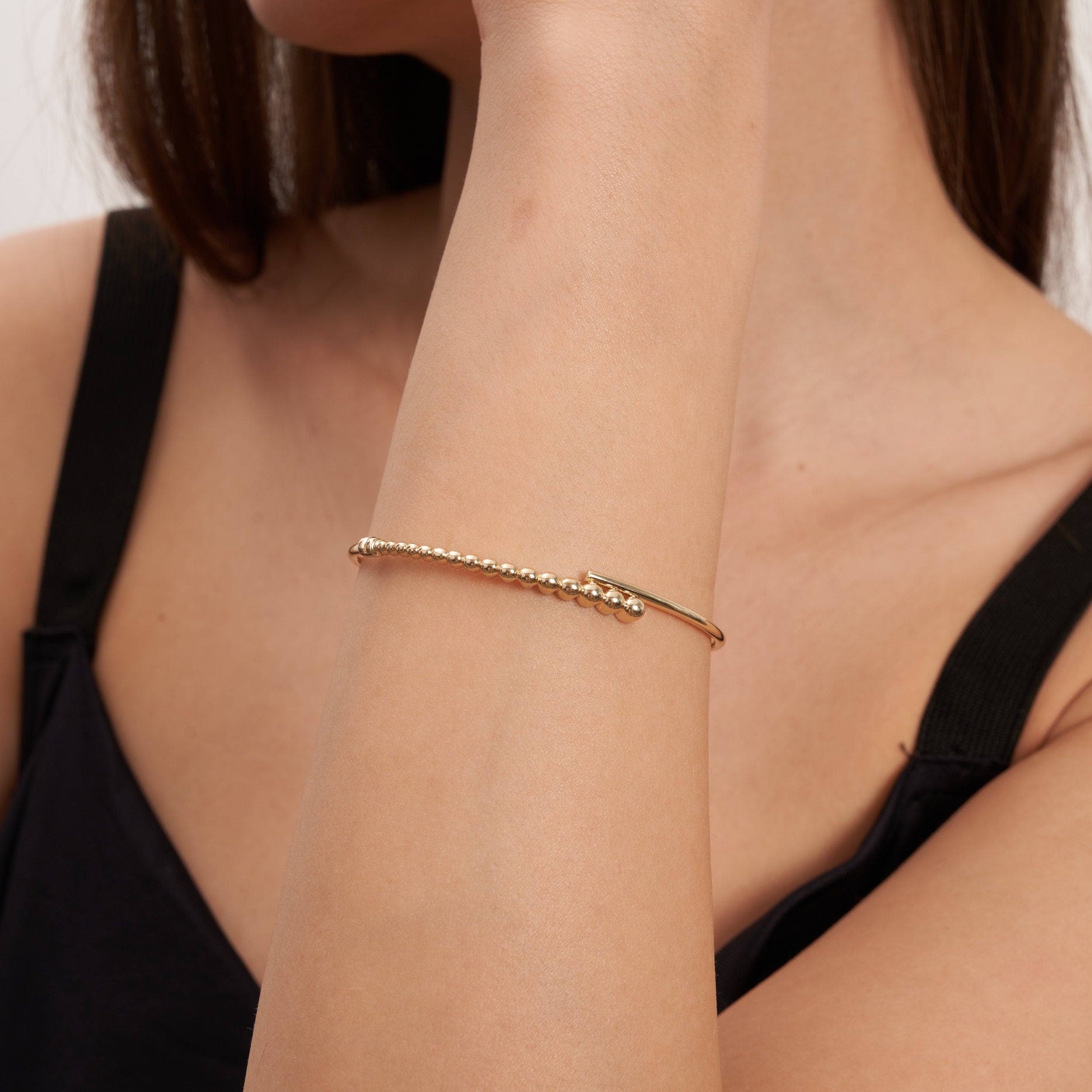 14K Solid Gold Bead Bangle Bracelet