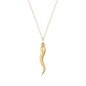 A 14K Real Gold Italian Horn Chili Pepper Pendant Necklace gently dangles from a delicate chain, offering Cornicello protection against a pristine white backdrop.