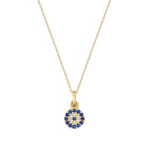 This 14K Solid Gold Evil Eye Necklace showcases a round pendant with a daisy pattern, intricately crafted from small blue and white gemstones, exuding timeless elegance against a plain white background.