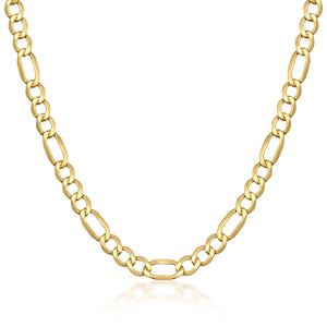 A detailed view of the 14K Solid Gold Figaro Chain for Women & Men, highlighting its interlocking oval and round links. Set against a white background, the hypoallergenic chain exhibits a sleek and polished shine.