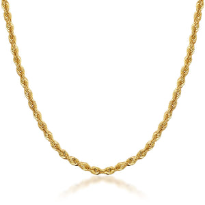 The 14K Solid Gold Rope Chain for Women & Men is beautifully showcased against a white background. With its intricate, twisted design, this chain offers a textured appearance. Its genuine gold composition forms a gentle curve, highlighting its smooth and polished finish.