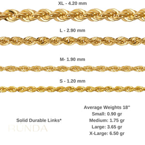 The 14K Solid Gold Rope Chain for Women & Men is beautifully showcased against a white background. With its intricate, twisted design, this chain offers a textured appearance. Its genuine gold composition forms a gentle curve, highlighting its smooth and polished finish.