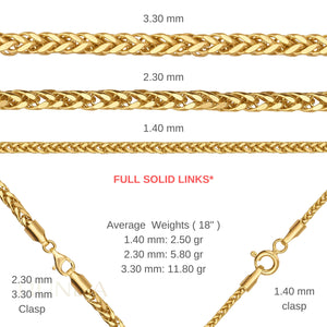 A close-up of the 14K Full Solid Gold Link Square Wheat Chain Necklace is displayed against a white background, showcasing its intricate diamond cut detailing. The necklace's shiny, polished finish highlights its elegant and sophisticated design.