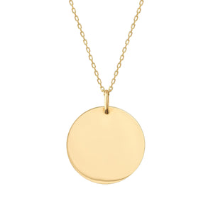 The 14K Solid Gold Personalized Disc Necklace features a finely crafted solid gold pendant on a delicate chain, beautifully displayed against a white background.