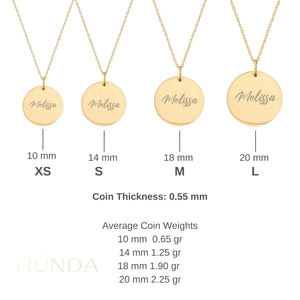 The 14K Solid Gold Personalized Disc Necklace features a finely crafted solid gold pendant on a delicate chain, beautifully displayed against a white background.