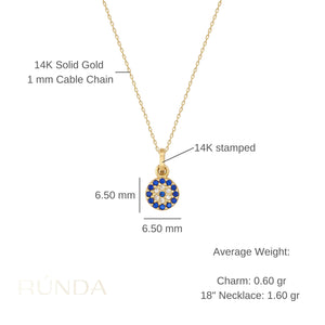 This 14K Solid Gold Evil Eye Necklace showcases a round pendant with a daisy pattern, intricately crafted from small blue and white gemstones, exuding timeless elegance against a plain white background.