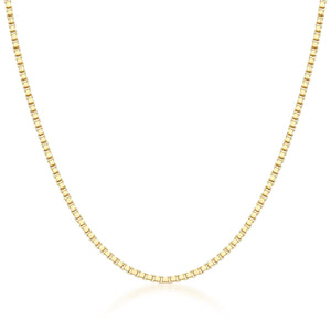 Displayed against a white background, the 14K Solid Gold Box Chain Necklace is a delicate piece with dainty, square-shaped links forming a continuous loop.