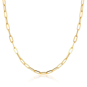 The 14K Solid Gold Paperclip Chain Necklace, featuring elongated oval links and showcased against a white background, epitomizes minimal dainty jewelry.