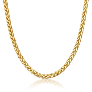 A close-up of the 14K Full Solid Gold Link Square Wheat Chain Necklace is displayed against a white background, showcasing its intricate diamond cut detailing. The necklace's shiny, polished finish highlights its elegant and sophisticated design.