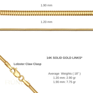 A 14K Solid Gold Round Snake Chain necklace is showcased against a white backdrop. Featuring an elegant design, this versatile layering piece offers a smooth and flexible look, subtly reflecting light across its polished surface.