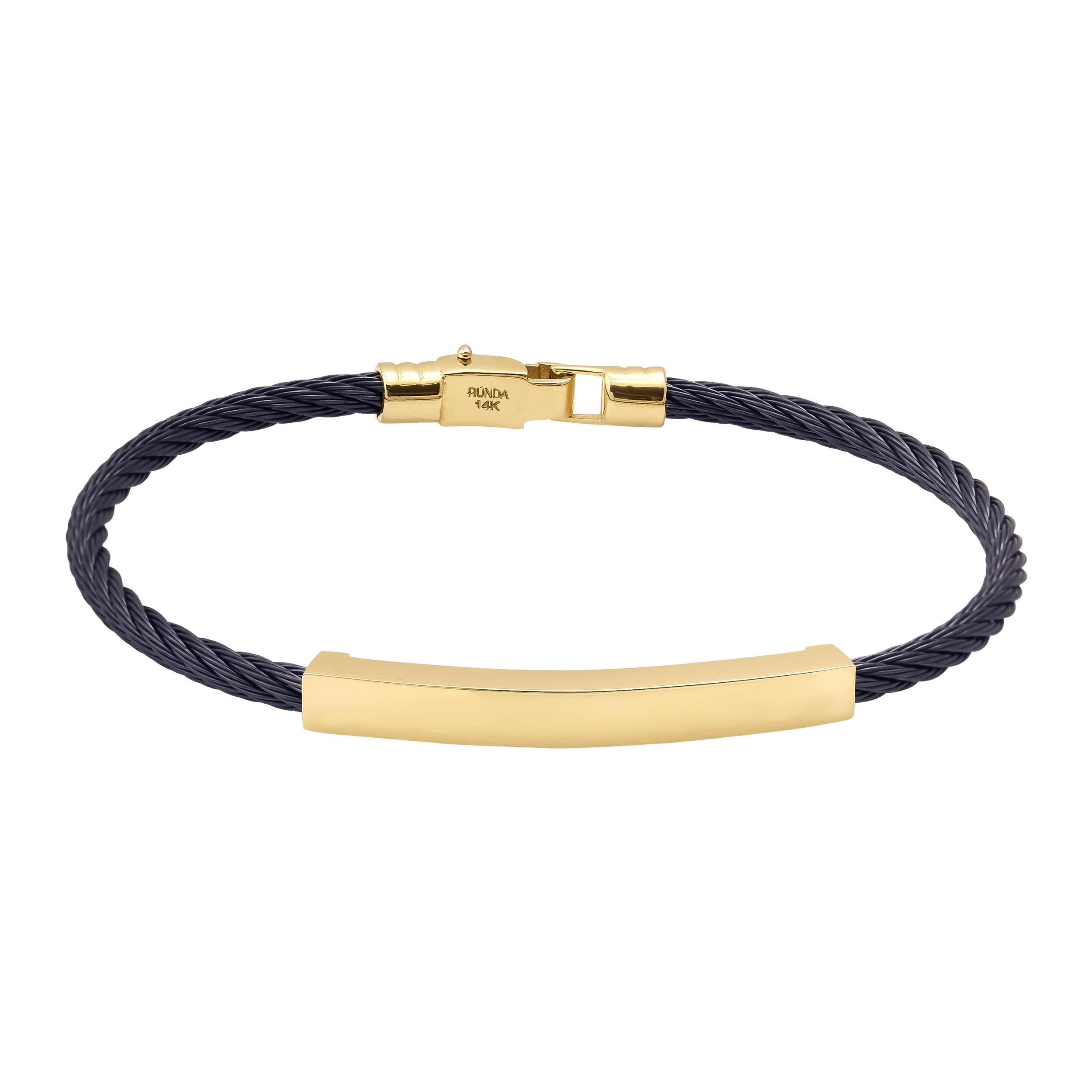 Introducing the 14K Solid Gold Nameplate ID Bracelet for Men, featuring a stylish design with a twisted black cable and a polished gold rectangular bar as the centerpiece. The gold-toned clasp is elegantly engraved with PRADA and 18Kt, adding a sleek and modern touch. This bracelet effortlessly enhances any men's jewelry collection.