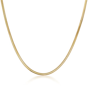 A 14K Solid Gold Round Snake Chain necklace is showcased against a white backdrop. Featuring an elegant design, this versatile layering piece offers a smooth and flexible look, subtly reflecting light across its polished surface.