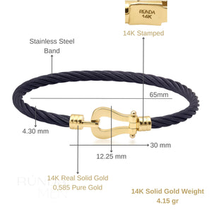 A braided rope bracelet in sleek black featuring a 14K solid gold clasp styled like a shackle. This design marries elegance with simplicity, making it suitable for both casual and formal occasions and an ideal choice for fans of sophisticated handcuff jewelry.