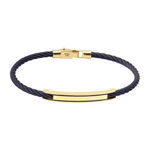 Introducing the 14K Solid Gold Nameplate ID Bracelet for Men, showcasing a sleek design with a twisted black band and a polished gold bar at the center. It features a 14K solid gold nameplate clasp, blending modern elegance that's perfect for those who appreciate fine men's jewelry.