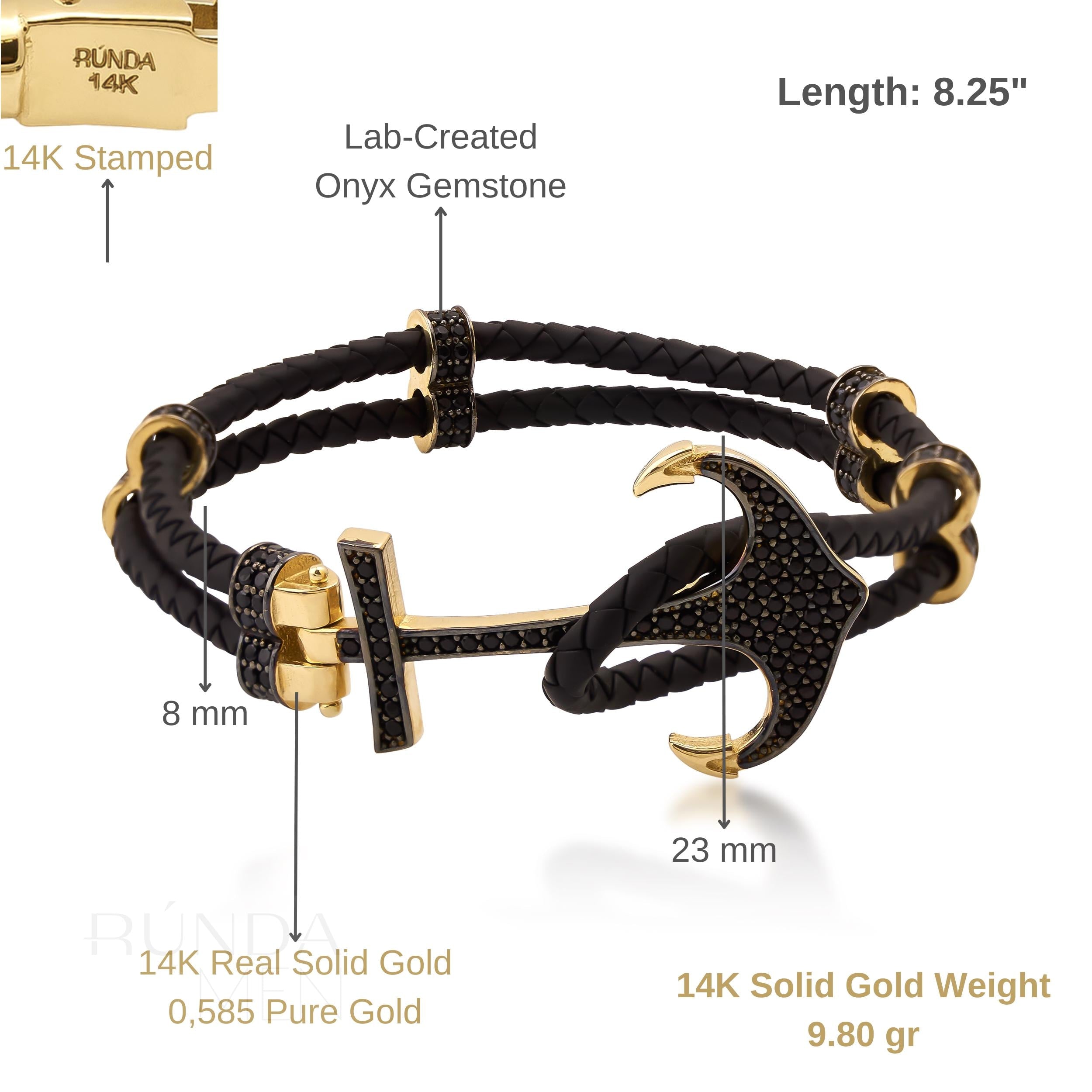 14K Real Solid Gold & Braided Leather Anchor Black Cord Bracelet for Men