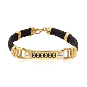 Introducing the 14K Real Solid Gold & Braided Leather Black Cord Bracelet for Men, featuring a stunning decorative gold centerpiece with X-shaped cutouts. Accentuated with gold details and a striking onyx gemstone, this sophisticated piece is completed with a secure clasp closure.