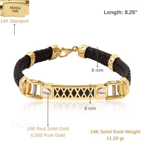 Introducing the 14K Real Solid Gold & Braided Leather Black Cord Bracelet for Men, featuring a stunning decorative gold centerpiece with X-shaped cutouts. Accentuated with gold details and a striking onyx gemstone, this sophisticated piece is completed with a secure clasp closure.