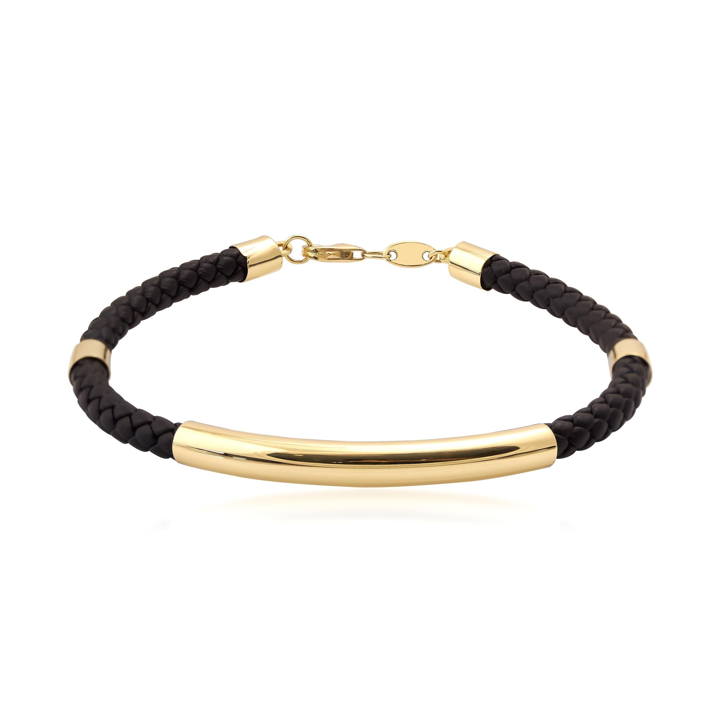 An elegant 14K Solid Gold Round Tube Nameplate ID Bracelet for men, showcasing a black braided band with a polished gold clasp and cylindrical accents. This minimalistic design merges elegance with simplicity, making it suitable for various occasions and perfect as a custom engraved bangle.