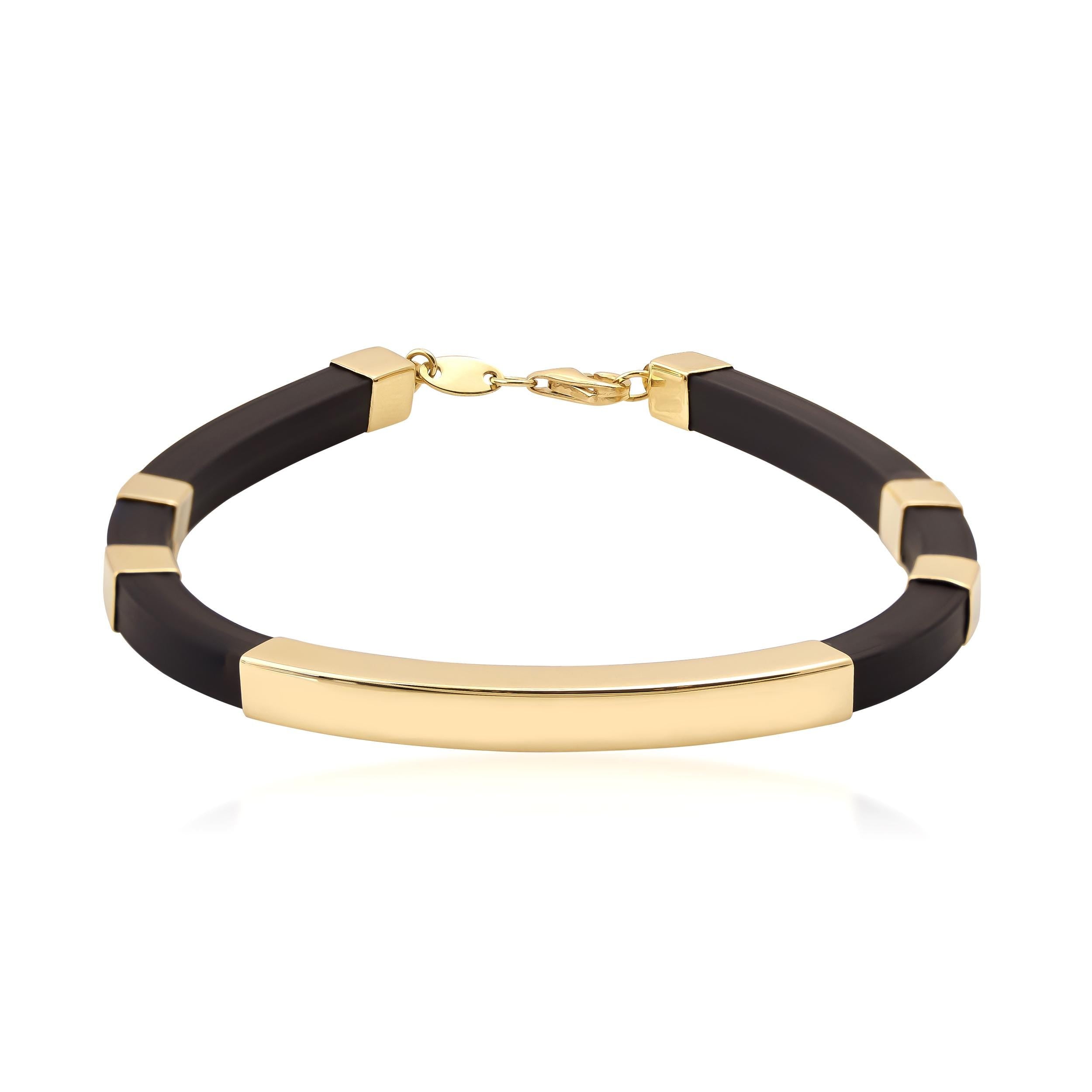 A modern and elegant bracelet designed for men, showcasing square tube nameplate ID with segments of black rubber complemented by shiny engraved gold bars, and secured with a 14K solid gold clasp. Perfect for custom engraving.