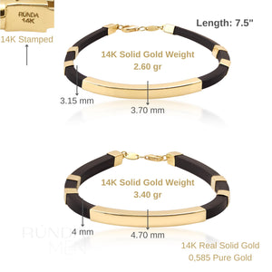 A modern and elegant bracelet designed for men, showcasing square tube nameplate ID with segments of black rubber complemented by shiny engraved gold bars, and secured with a 14K solid gold clasp. Perfect for custom engraving.