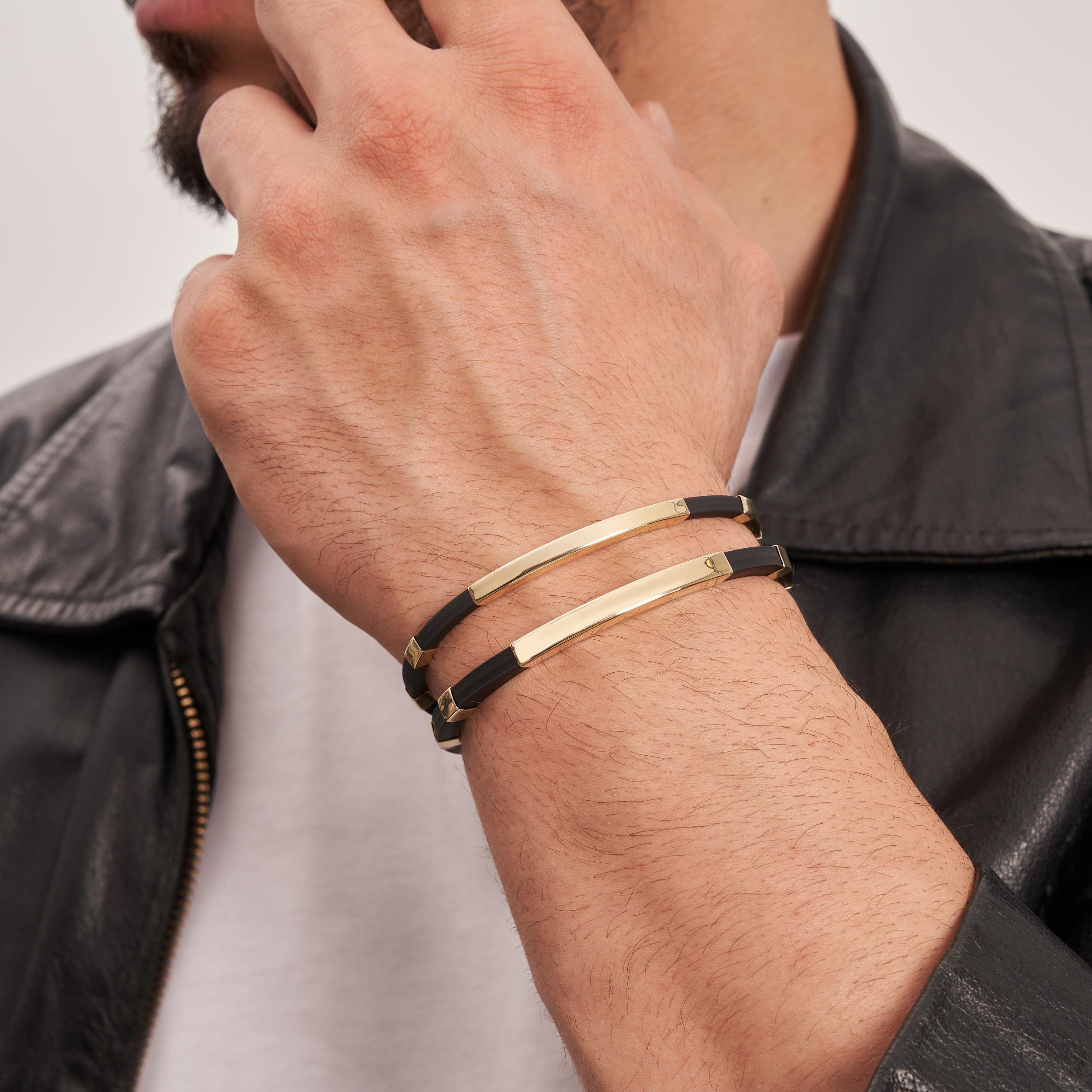 14K Solid Gold Square Tube Nameplate ID Bracelet for Men