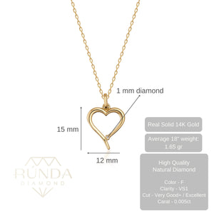 The 14K Solid Gold Diamond Open Heart Necklace for Women showcases a delicate open heart-shaped pendant adorned with a natural diamond accent, elegantly hanging from a thin chain against a plain white background.