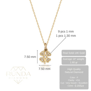 The Diamond Clover Pendant Necklace in 14K Solid Gold for Women gracefully displays a pendant shaped like a four-leaf clover, embellished with natural diamonds, suspended from a delicate chain against a white background.