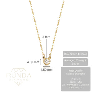 The 14K Solid Gold Diamond Solitaire Bezel Necklace features a delicate chain with a round, bezel-set diamond pendant at the center, showcasing a simple and elegant design that enhances the natural diamond's sparkle.