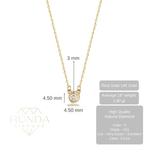 The 14K Solid Gold Diamond Solitaire Bezel Necklace is a beautifully crafted piece featuring a round, bezel-set diamond pendant. Made with genuine diamonds and set on a 14K solid gold fine chain, this necklace exudes simplicity and elegance, making it ideal for both everyday use and formal occasions.