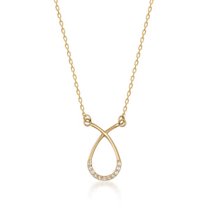 The 14K Solid Gold Real Diamond Open Teardrop Necklace for Women showcases an elegant pendant in the shape of a looped ribbon, embellished with natural genuine diamonds at the bottom. It hangs gracefully on a delicate chain, blending fine handcrafting with minimalist design to capture light for a subtle sparkle.