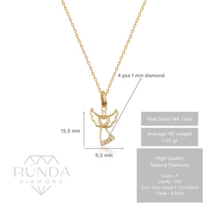 Introducing the 14K Solid Gold Diamond Angel Pendant Necklace, featuring a meticulously crafted angel design from genuine 14K gold. The pendant showcases a heart shape at its center and is elegantly embellished with small diamonds on the robe, while the delicate chain perfectly complements the intricate details of this stunning piece.