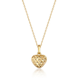 The Real Diamond 3D Puffy Heart Necklace in 14K Gold showcases a heart-shaped pendant on a chain. Crafted from solid gold, the pendant features an open lattice design, offering a delicate and elegant look. The genuine gold's luxury is beautifully highlighted against a white background.