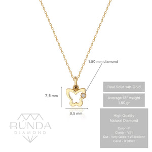 The 14K Solid Gold Natural Real Diamond Butterfly Necklace for Women showcases a delicate butterfly-shaped pendant in genuine 14K gold, featuring a real diamond on one wing. The design is simple and elegant, with a fine chain that accentuates the detailed pendant.