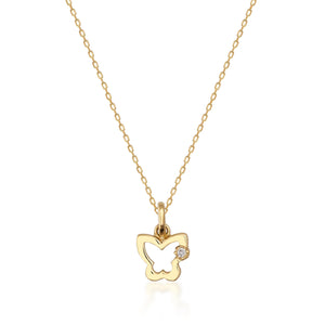 The 14K Solid Gold Natural Real Diamond Butterfly Necklace for Women showcases a delicate butterfly-shaped pendant in genuine 14K gold, featuring a real diamond on one wing. The design is simple and elegant, with a fine chain that accentuates the detailed pendant.