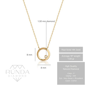 The Real Diamond Minimal Dainty Circle Necklace is crafted from 14K solid gold and features a delicate chain with a circular pendant. Its minimalist design highlights natural diamonds or gemstones that are elegantly embedded near the lower part of the circle.