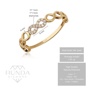 The 14K Solid Gold Diamond Infinity Ring for Women showcases a sophisticated and stylish eternity loop design, adorned with sections encrusted in small natural diamonds, all crafted from genuine 14K solid gold.