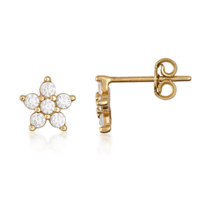 A pair of 14K solid gold earrings shaped like flowers, each studded with natural diamonds. The set includes a front view showing the flower design and a side view displaying the post and butterfly clasp.