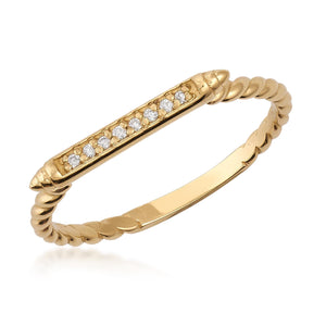 A 14K Solid Gold Twisted Diamond Wedding Band featuring a horizontal bar decorated with small, sparkling natural diamonds.