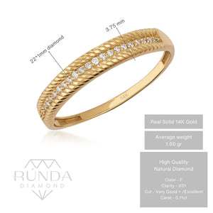 A 14K solid gold ring with a twisted edge design, highlighted by a row of natural, sparkling diamonds in the center.