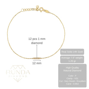 The Diamond Bar Bracelet in 14K Solid Gold for Women is an exquisite piece, featuring a delicate chain with a small rectangular bar embellished with tiny gemstones. It includes an adjustable closure with several loops to ensure a perfect fit, highlighting the elegance and allure of genuine gold.